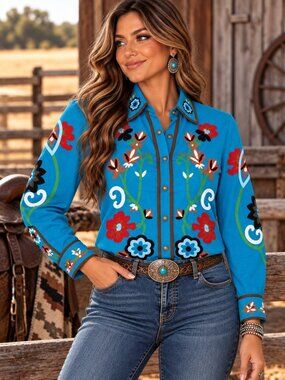 Tasha Polizzi Small Teal Brown Embroidered Pearl Snap Western Button Down